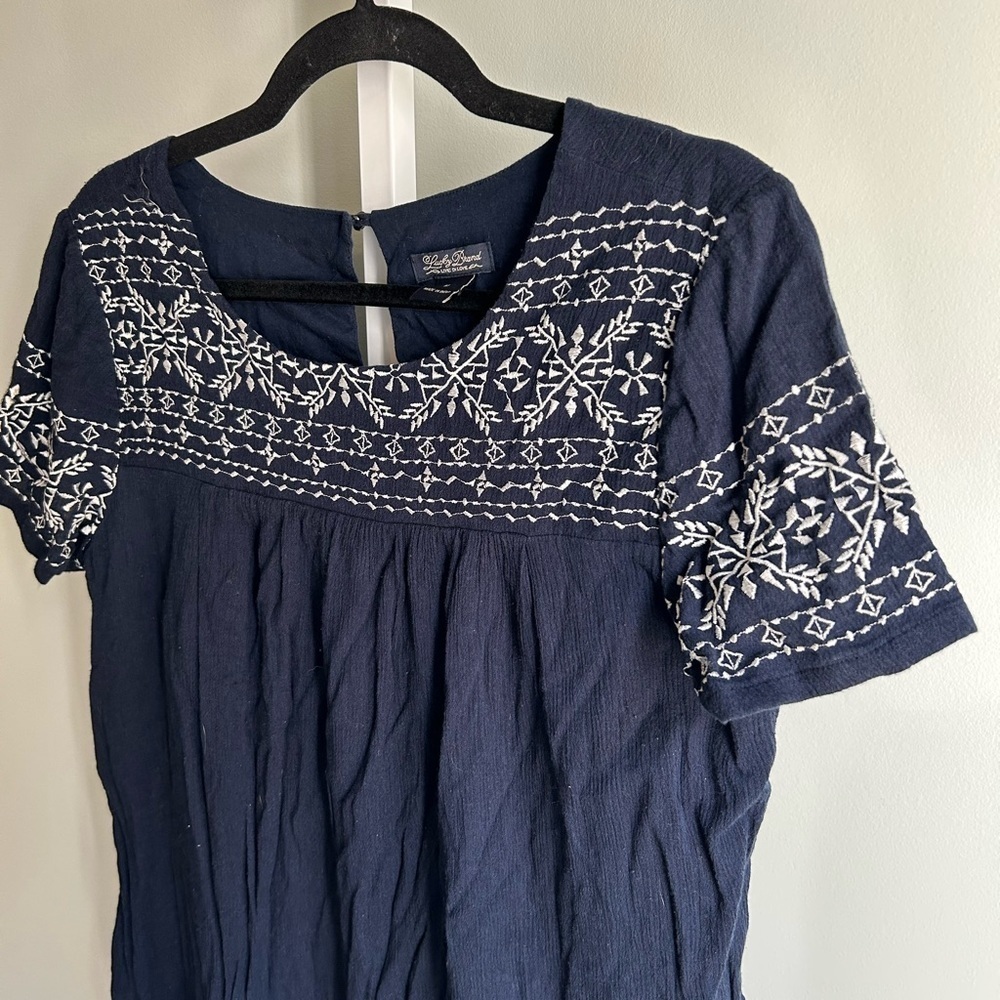 Lucky Brand Navy Embroidered Short Sleeve Dress - Picture 2 of 4
